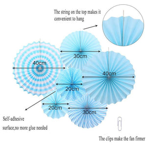 Baby Blue Hanging Paper Fan Decorations (Set of 6)