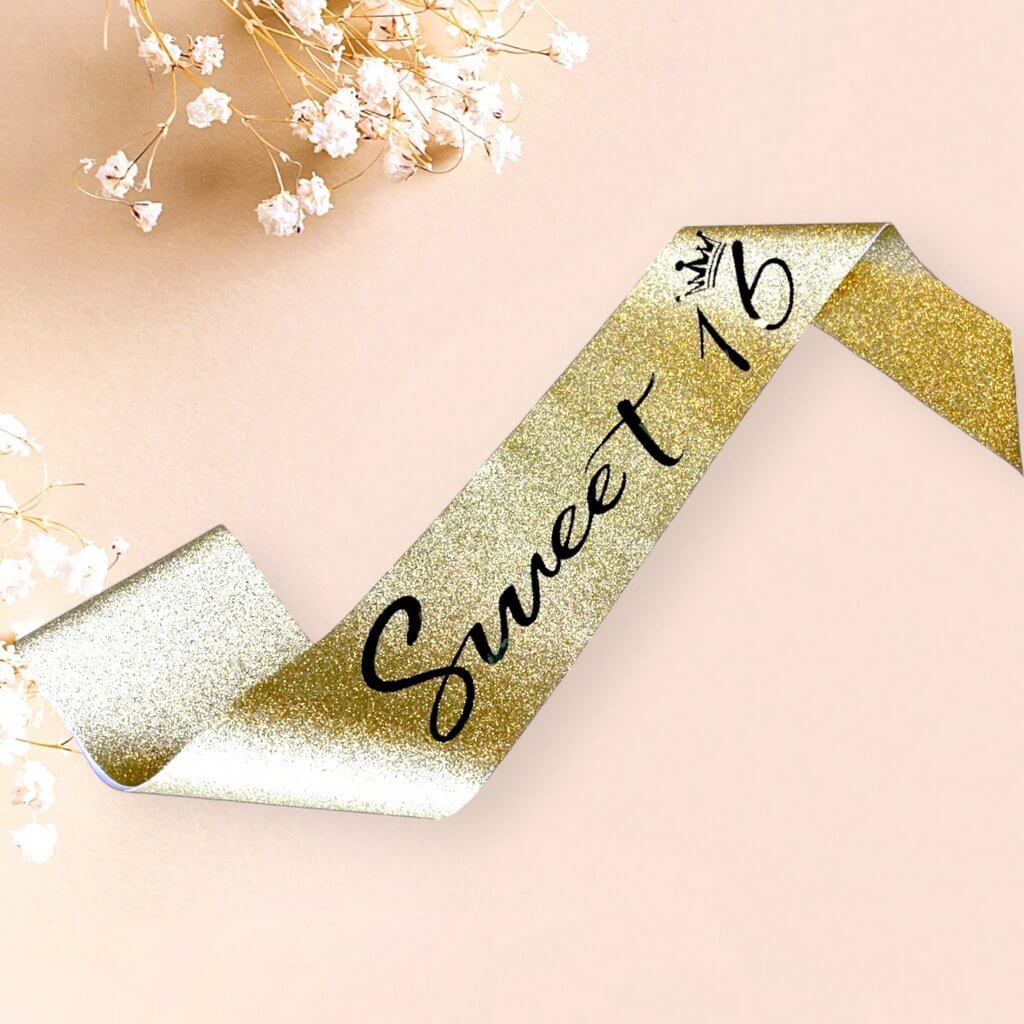 Gold Glitter Sweet 16 with Little Crown Party Sash