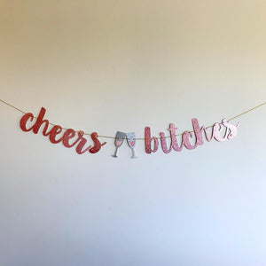 CHEERS BITCHES Rose Gold Glitter Bachelorette Party Banner - Online Party Supplies