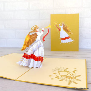 Online Party Supplies Australia Handmade Christmas Angel Blowing Trumpet Pop Up Xmas Card - Gold Cover