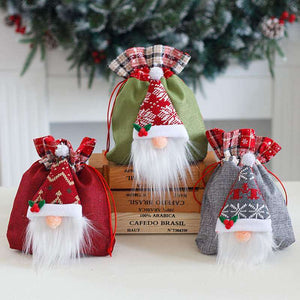 Faceless Nordic Gnome Christmas Treat Fabric Bag with Drawstring