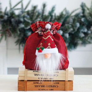Faceless Nordic Gnome Christmas Treat Fabric Bag with Drawstring