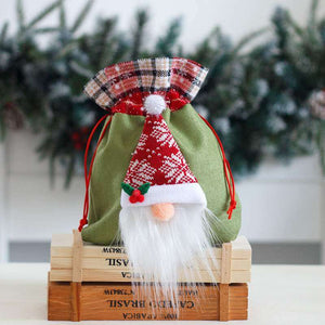 Faceless Nordic Gnome Christmas Treat Fabric Bag with Drawstring