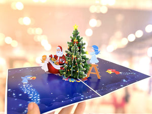 Handmade Santa & Baby Angels Decorating Xmas Tree Pop Up Christmas Card