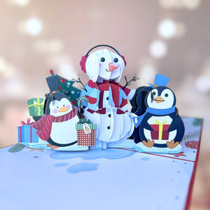 Handmade Christmas Snowman and Penguins 3D Pop Up Greeting Card