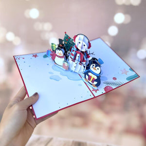 Handmade Christmas Snowman and Penguins 3D Pop Up Greeting Card