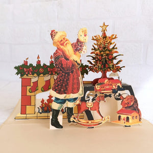 Handmade Vintage Victorian Father Santa Claus standing in front of fireplace On Christmas Eve Pop Up Card - 3D Xmas Cards