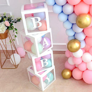 Transparent & White BABY Balloon Cube Boxes - Baby Shower and Gender Reveal Party Decorations