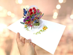 Handmade Colourful Spring Flower Basket 3D Floral Pop Up Card - Cream Cover