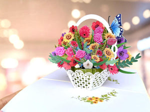 Handmade Colourful Spring Flower Basket 3D Floral Pop Up Card - Cream Cover