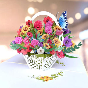 Handmade Colourful Spring Flower Basket 3D Floral Pop Up Card - Cream Cover