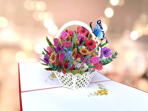 Handmade Colourful Spring Flower Basket 3D Floral Pop Up Card - Red Cover