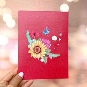 Handmade Colourful Spring Flower Basket 3D Floral Pop Up Card - Red Cover