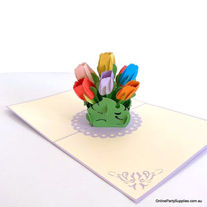 Handmade Colourful Tulip Flower Bouquet in a Posy Box 3D Pop Up Greeting Card