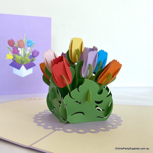 Handmade Colourful Tulip Flower Bouquet in a Posy Box 3D Pop Up Greeting Card
