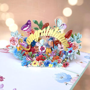 CONGRATULATIONS in Spring Garden 3D Pop Up Greeting Card - Blue Cover