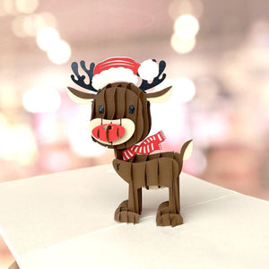 Cute Baby Reindeer Wearing Xmas Hat 3D Pop Up Card