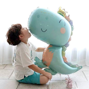 Cute Blue Cartoon Dinosaur Wearing Crown Foil Balloon