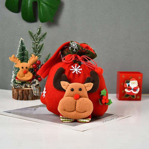 Red Felt Christmas Goodie Bag with Drawstring - reindeer