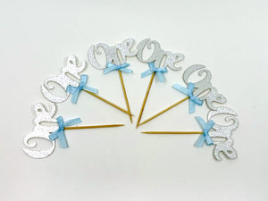 Silver Glitter One Script Paper Cupcake Topper 6 Pack - Blue Ribbon