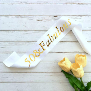 Online Party Supplies Gold Foil '50 & Fabulous' White Satin Party Sash Happy Milestone 50th Fiftieth Birthday Girl Outfit