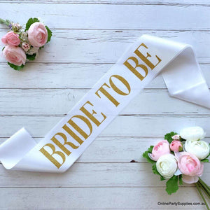 White 'Bride To Be' Bachelorette Party Satin Sash - Gold Glitter Print