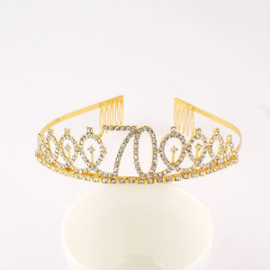Gold Metal Rhinestone Happy 70th Birthday Tiara