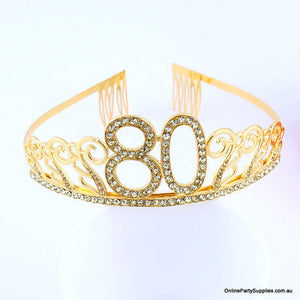 Gold Metal Rhinestone Happy 80th Birthday Tiara