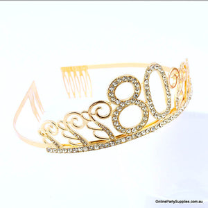 Gold Metal Rhinestone Happy 80th Birthday Tiara