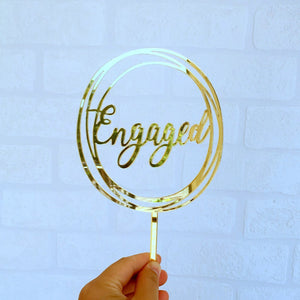 Gold Mirror Acrylic 'Engaged' Geometric Round Cake Topper - Online Party Supplies