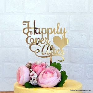 Acrylic Gold Mirror 'Happily Ever After' with Heart Wedding Cake Topper