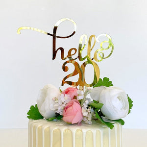 Gold Mirror Acrylic Hello 20 Birthday Cake Topper