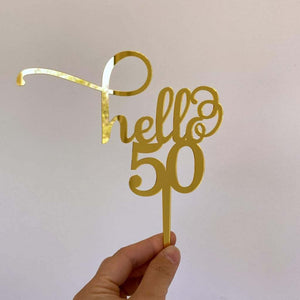 Gold Mirror Acrylic Hello 50 happy fiftieth Birthday Cake Topper