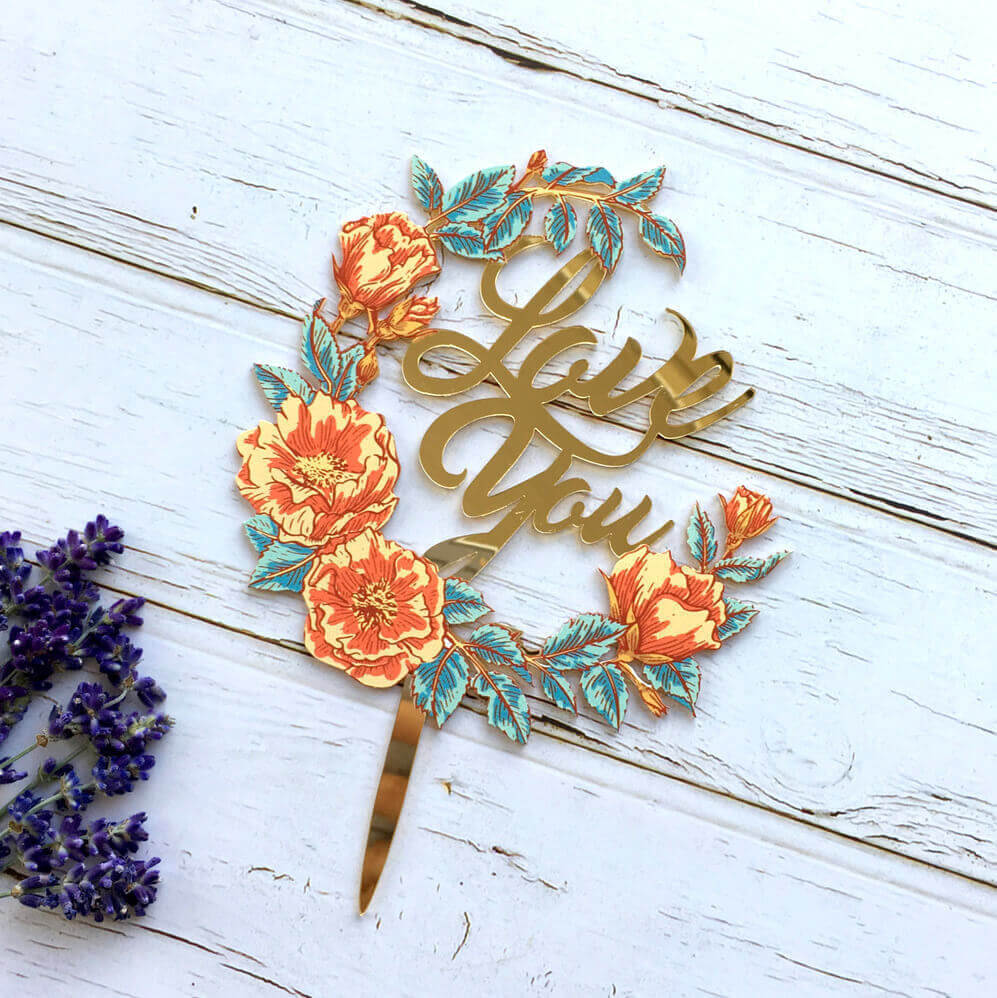 Gold Mirror Acrylic 'Love You' Floral Wreath Cake Topper for Valentine's Day, Mother's Day, Father's Day, engagement cake decorations