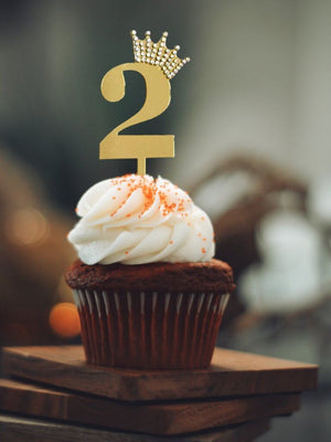 Gold Mirror Acrylic Number 2 Rhinestone Crown Cake Topper