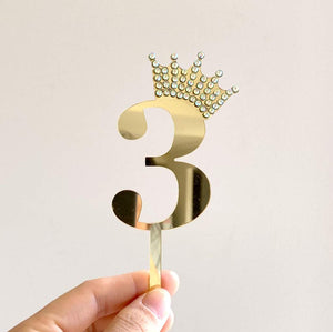 Gold Mirror Acrylic Number 3 Rhinestone Crown Cake Topper