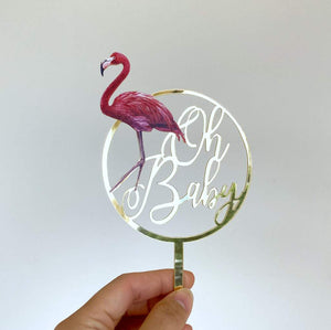 Gold Mirror Acrylic Oh Baby Flamingo Loop Baby Shower Cake Topper