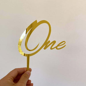 Gold Mirror Acrylic One Script Happy First Birthday Cake Topper