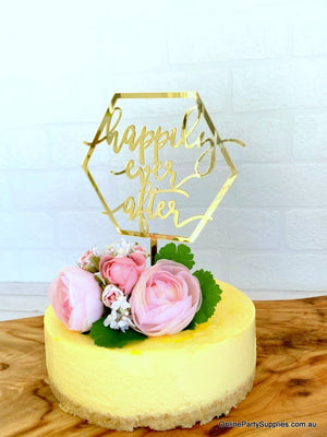 Online Party Supplies Australia Acrylic Gold Mirror Geometric Hexagon 'Happily Ever After' Cake Topper