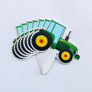 Green Yellow Tractor Paper Cupcake Toppers 7 Pack