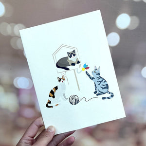 Handmade Wooden Cat Tree 3D Pop Up Greeting Card