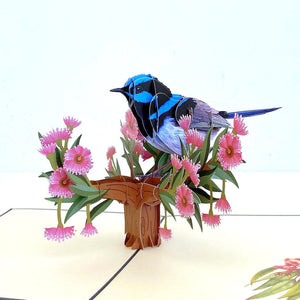 Handmade Australian Native Superb Blue Fairy Wren 3D Pop Up Greeting Card - Australian Native Bird Pop Up Cards - Cards for Bird Lovers