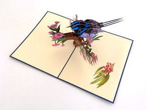 Handmade Australian Native Superb Blue Fairy Wren 3D Pop Up Greeting Card - Australian Native Bird Pop Up Cards - Cards for Bird Lovers