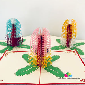 Handmade Australian Native Flower Pink Yellow Banksia Pop Up Greeting Card - Online Party Supplies