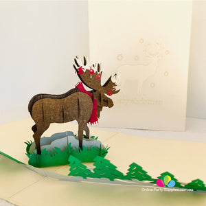 Handmade Brown Christmas Moose Pop Up Greeting Card - Online Party Supplies