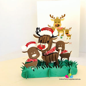 Handmade Brown Christmas Reindeer Family Pop Up Xmas Card - Online Party Supplies