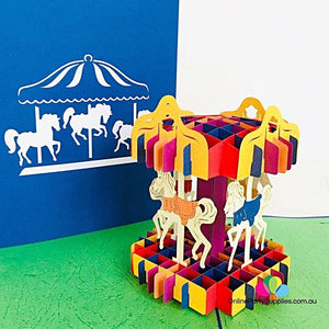 Handmade Colourful Carousel Merry Go Round 3D Pop Up Card - Online Party Supplies