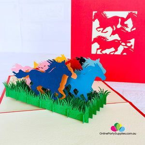 Handmade Colourful Free Roaming Wild Horses 3D Pop Up Greeting Card - Online Party Supplies