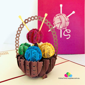 Handmade Colourful Knitting Yarn Basket Pop Up Greeting Card - Online Party Supplies