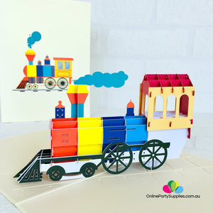 Handmade Colourful Steam Locomotive Pop Up Card - Online Party Supplies